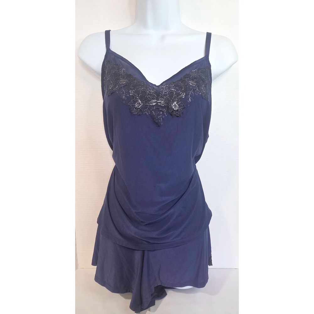 Soma Intimates Navy Blue W/ Black Lace Trim Cami and Tap Shorts Pajama Set XL